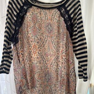Love Black and Tan Striped Paisley Blouse